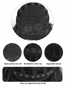 男士齐肩卷发角色扮演假发，无胶耐热假发，中长金色黑色假发，高密度合成纤维替换发，学校万圣节感恩节圣诞节服装配饰和 1 件假发帽 - 黑色 - 查看 10