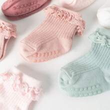 4 Paia Di Calzini Antiscivolo Per Bambini Primaverili E Autunnali, Calzini Antiscivolo Per Neonati E Bambini Piccoli In Pizzo Tinta Unita - Multicolore - Visualizzare 4