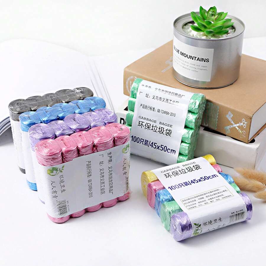 5入組彩色一次性塑料垃圾袋,每卷100個,加厚設計,大尺寸,適用於家用、旅店、廚房和宿舍 - 彩色 - 查看 1