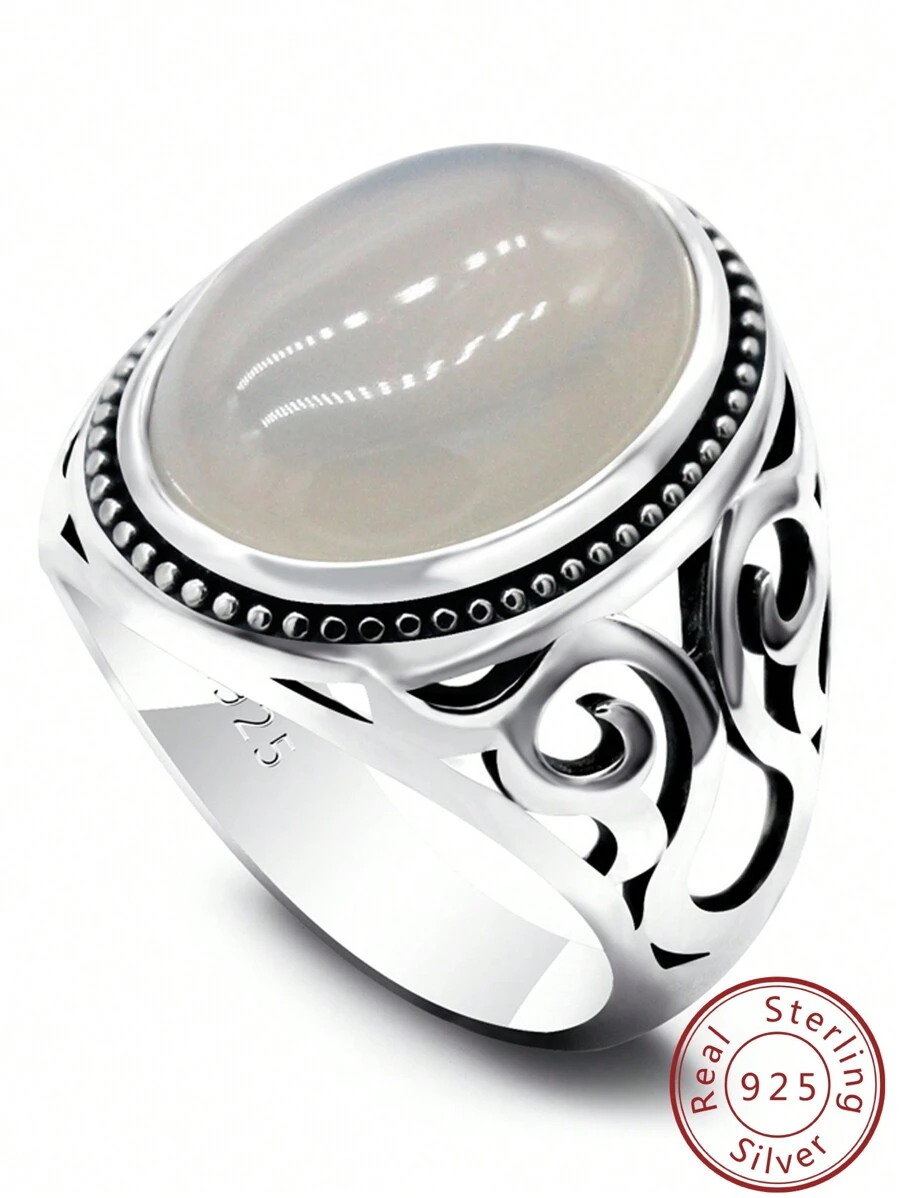 OHMMHO 1 件簡約奢華 S925 銀男士戒指,帶白瑪瑙石和鏤空設計,聖誕禮物 - 白色 - 查看 1