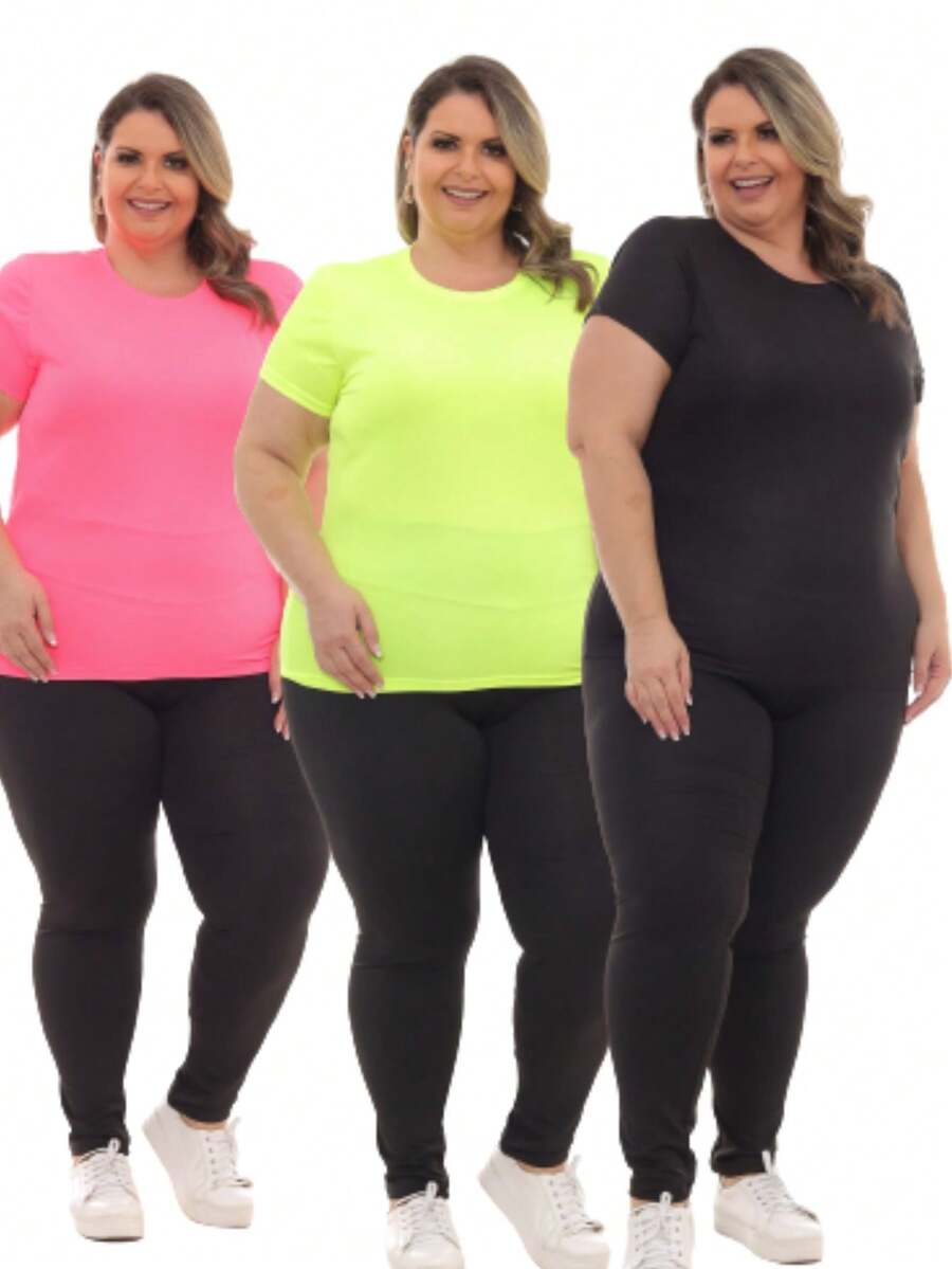 Kit 3 Peças - Camiseta Feminina Dry Fit Plus Size Poliester Academia - Multicolorido - Visão 1