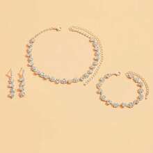 Fashion Bridal Accessories, Silver Plated Diamond-studded Necklace Earrings Bracelet 3pcs/set - Silver - View 2