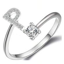 1件925銀可調節開口戒指,配有閃亮人造鑽石和26個字母a-z設計,適合女性日常穿著 - A - 查看 9