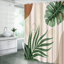 1入組中世紀風格浴室淋浴窗簾帶熱帶印花棕櫚葉抽象藝術波西m亞圖案,包括掛鉤 - 棕色 - 查看 2