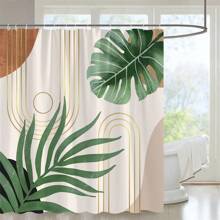 1入組中世紀風格浴室淋浴窗簾帶熱帶印花棕櫚葉抽象藝術波西m亞圖案,包括掛鉤 - 棕色 - 查看 1