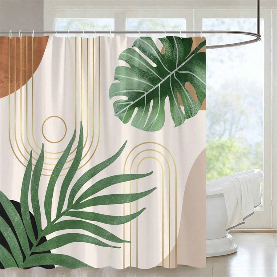 1入組中世紀風格浴室淋浴窗簾帶熱帶印花棕櫚葉抽象藝術波西m亞圖案,包括掛鉤 - 棕色 - 查看 1