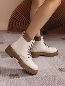 2023 新款女士時尚厚底坡跟厚底踝靴 - 米色 - 查看 2