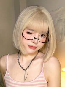 alicegarden 1 片合成耐热、短款 Bobo 直发假发，金色刘海，10 英寸长，全机器编织日常自然逼真假发 - 金色 - 查看 4