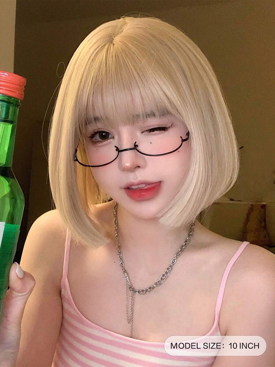 alicegarden 10 Inch Synthetic Short Wavy Wig, Natural Straight Style, Stunning Blonde, With Bangs Design, Suitable For Women's Daily Wear, Natural And Durable Wig Gift (Accessories Not Included), Halloween - Gold - View 1