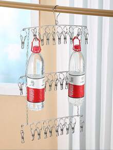 Clothes hanger three-layer 30-clip stainless steel folding multi-clip multi-head clothes drying rack - Silver - View 3