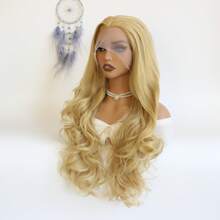 新款黑色皇后蜜色金長波浪女士軟體合成蕾絲前沿假髮cosplay派對假髮,自然髮際線,耐高溫纖維髮24英寸日常假髮 - 亞麻金 - 查看 6