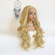 新款黑色皇后蜜色金長波浪女士軟體合成蕾絲前沿假髮cosplay派對假髮,自然髮際線,耐高溫纖維髮24英寸日常假髮 - 亞麻金 - 查看 4