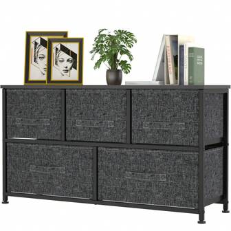 Dresser Bedroom with 5 Drawers Fabric Storage Tower Wide Chest Organizer for Closet, Hallway, Entryway, Nursery with Metal Frame, Wood Top, Easy Pull Handle Bins