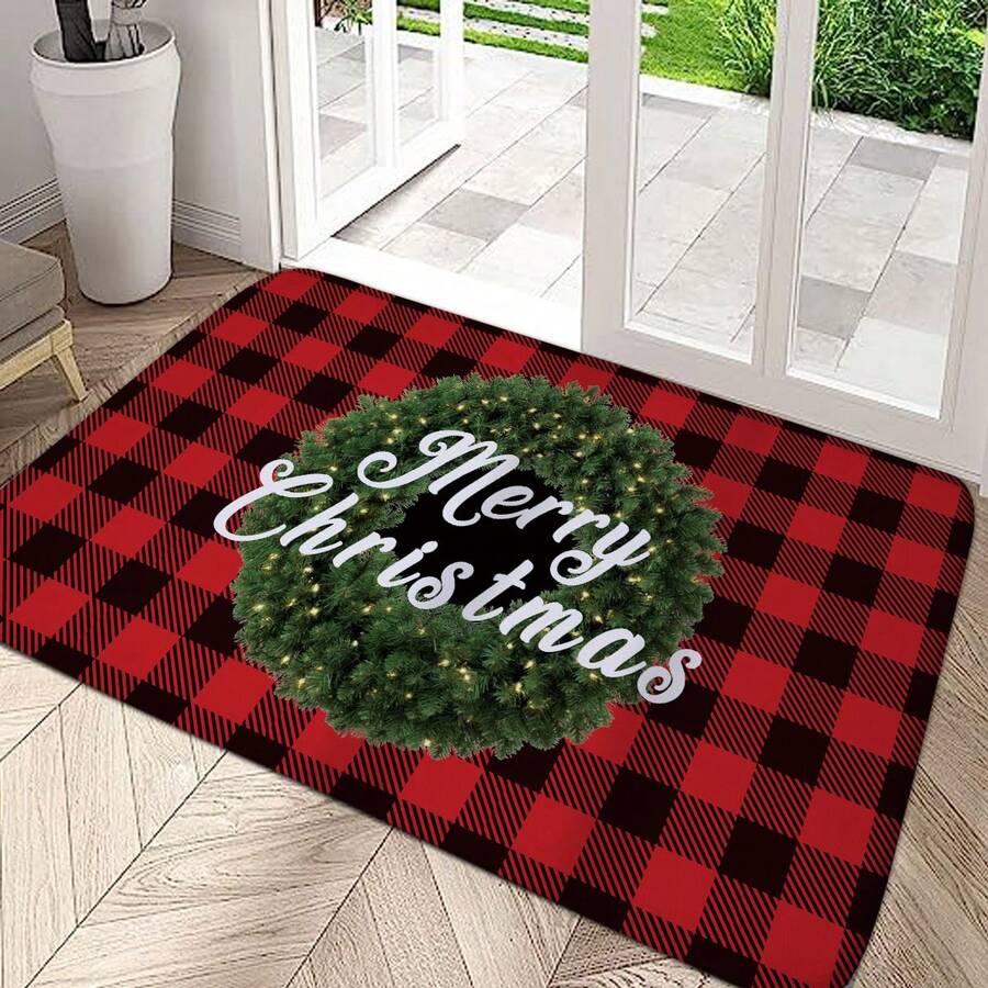 1件装红黑格子圣诞花环门垫，圣诞祝福地毯，圣诞装饰，现代加厚吸水防滑门垫，小地毯，圣诞迎宾垫，无异味加厚吸水防滑垫，户外门垫，圣诞礼物，装饰地毯，鞋底刮泥垫，泡沫垫，防尘防污前门垫，迎宾地毯 - 彩色 - 查看 1