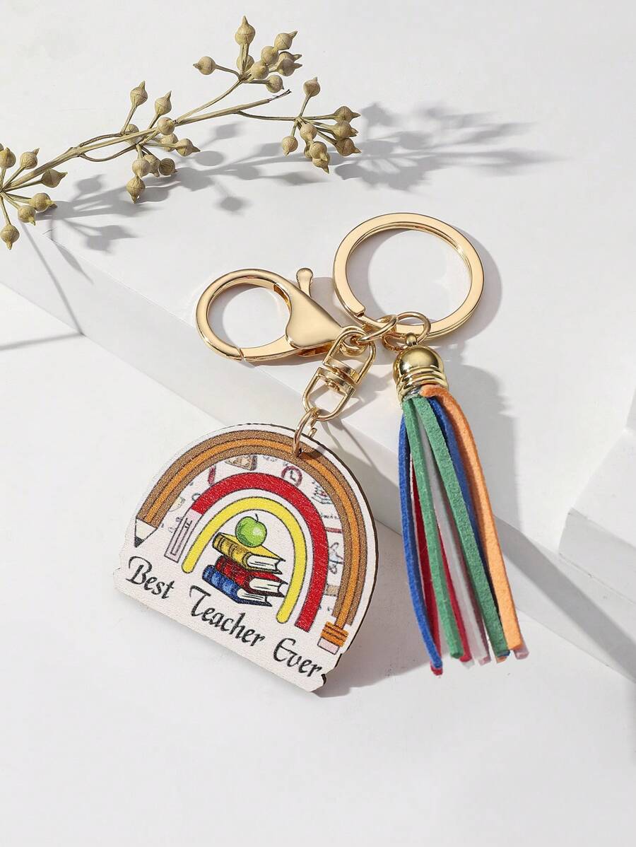 New Arrival Lovely Keychain For Diy Handmade, Style: Teacher Rainbow Wooden Pendant With Colored Tassel, Use Compatible With Apple, Pen, Book Wooden Keychain, Ideal Gift For Teacher's Day, Graduation Season, Schoolmates Reunion, As Creative Gift, Festival Gift, Mobile Phone Or Car Accessory Keyring. - Multicolor - View 1