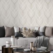 Papel de Parede Vinílico Autoadesivo Lavável Abstrato Linhas Curvilíneas Bege Marrom Branco Decoração Moderna Quarto - Sala de Estar - Escritório - 10M - Visão 1