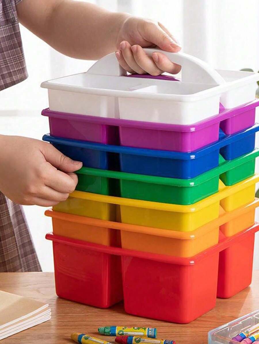 1pc Plastic Portable Compartment Storage Box For Drawing Tools, Classroom Stationery Holder, Desktop Organizer (random Color) - White - View 1