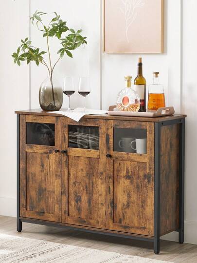VASAGLE Sideboard, Küchenschrank, Aufbewahrungsschrank mit Glastüren, Stahlrahmen, 100 x 35 x 75 cm, Industrie-Design