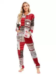女士聖誕萬聖節法蘭絨連帽連體睡衣，家居穿著 - 彩色 - 查看 1