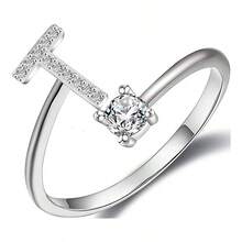 1件925銀可調節開口戒指,配有閃亮人造鑽石和26個字母a-z設計,適合女性日常穿著 - A - 查看 26