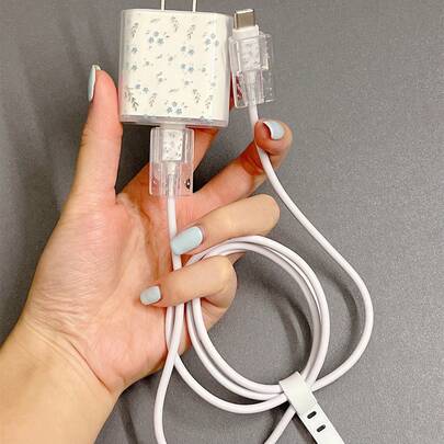 4 件套透明超薄 TPU 充电线保护套，带花卉图案，兼容 20w 苹果快速充电器