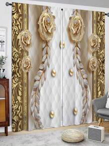 2入組優雅的金色花卉圖案窗簾,無洞窗簾,適用於臥室辦公室廚房客廳書房家居裝飾 - 彩色 - 查看 1