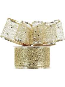 1pc 2m/Pack Christmas Ribbon With Glitter Powder And Mesh Edge For Christmas Tree Decoration And Home Decor Christmas Decorations Room Decor - Gold - View 3