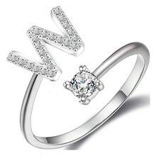 1件925銀可調節開口戒指,配有閃亮人造鑽石和26個字母a-z設計,適合女性日常穿著 - A - 查看 27