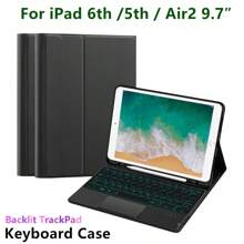 帶背光的觸控板鍵盤套裝,適用於ipad 9.7英寸第5/6代2017/2018年air 2平板電腦,帶筆口,可收納鍵盤保護套 - 黑色-英語佈局 - 查看 1