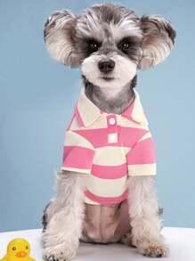 1pc Polyester Comfortable Striped Two Feet T-shirt With Collar, Suitable For Pets' Daily Spring And Autumn Wear - Pink - View 2