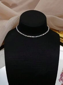 1pc Women Silver-Color 3-Row Sparkling Cubic Zirconia Rhinestone Necklace, Ideal For Party/Holiday Wear - Silver - View 2