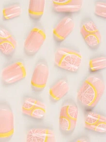 Cute Lemon Print Summer Fresh Style Short Square French Fake Nail Limoncello Vacation Daily Press On Nails 24pcs - Multicolor - View 2