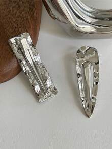 2入組/套女性銀色金屬波浪型髮夾套裝,包括鴨嘴夾和側夾 - 銀色 - 查看 5