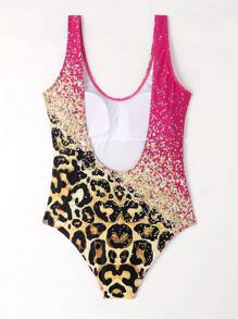 Pink Leopard Print One-Piece Swimsuit Summer - Hot Pink - View 3