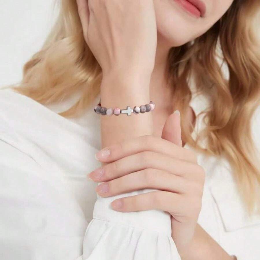 1 件基督教礼物，适合女性，十字架串珠手链，天主教珠宝，母亲节生日圣诞节礼物，适合女性，母女，姐妹，女友，奶奶，妻子 - 粉色 - 查看 1