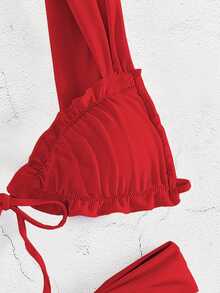 Nuevo conjunto de bikini de unicolor, elegante y sexy para mujeres, con cuello halter y terminación de volantes, para el verano