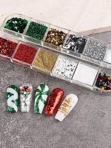 12 格圣诞指甲装饰红色绿色混合闪光金色雪花亮片指甲星形六角形亮片美甲 - 彩色 - 查看 4