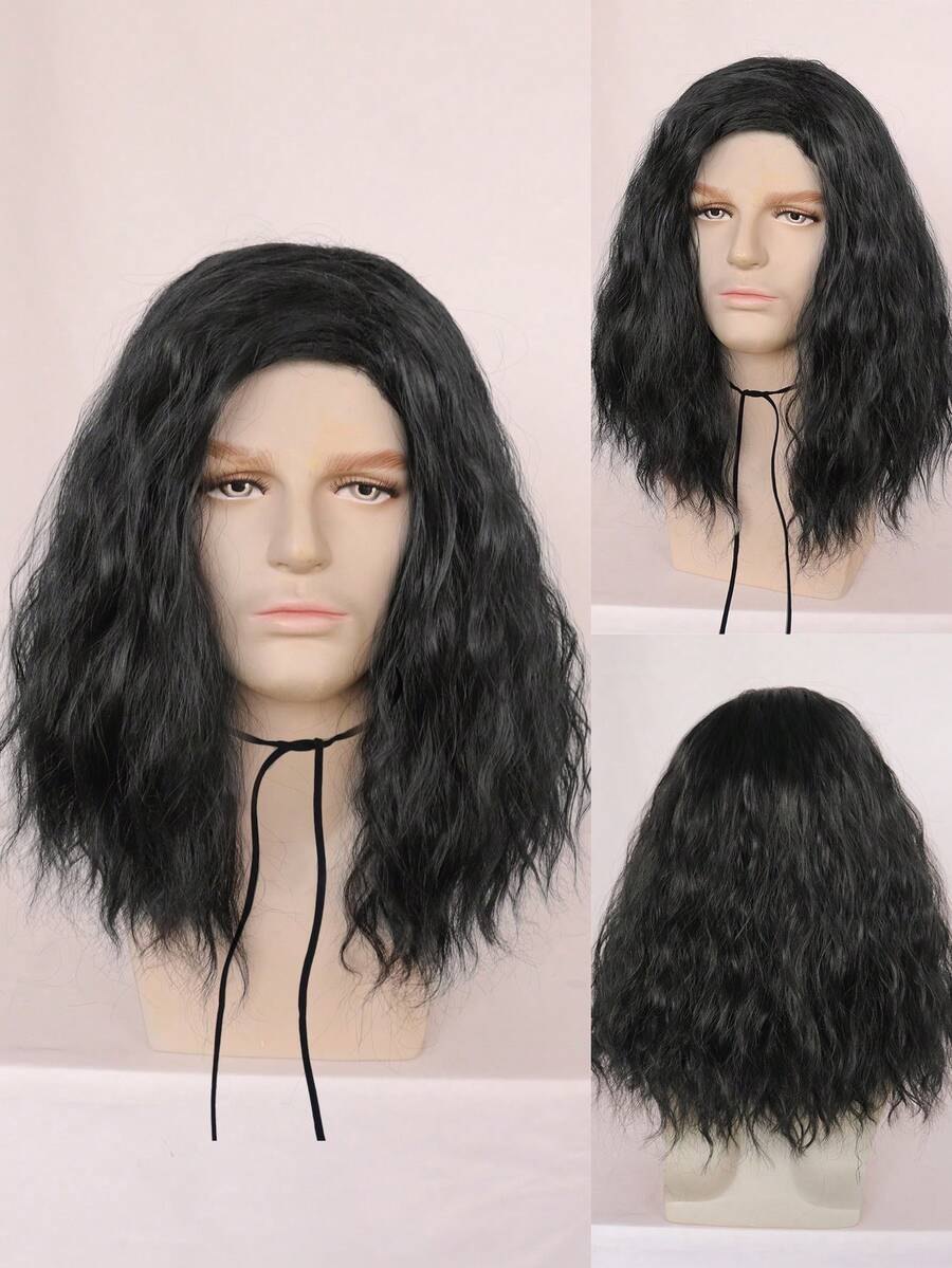 男士齐肩卷发角色扮演假发，无胶耐热假发，中长金色黑色假发，高密度合成纤维替换发，学校万圣节感恩节圣诞节服装配饰和 1 件假发帽 - 黑色 - 查看 1