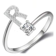 1件925銀可調節開口戒指,配有閃亮人造鑽石和26個字母a-z設計,適合女性日常穿著 - A - 查看 7