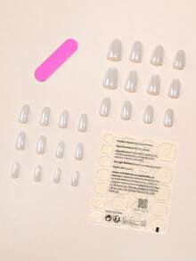 24入組短型橢圓形甜美風珍珠白色極光UV凝膠指甲貼，附贈1支指甲檔和1片啫喱凝膠指甲貼，提供美甲工具 - 白色 - 查看 2