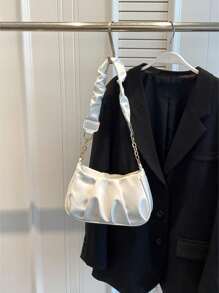 New Vintage Commuter Black Simple Pleated Cloud Shoulder Bag - White - View 3