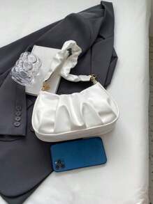 New Vintage Commuter Black Simple Pleated Cloud Shoulder Bag - White - View 7