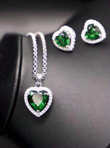 3pcs/Set Solid Color Heart Shaped Zirconia Earrings, Necklace & Pendant Set, 5 Colors Available Valentines