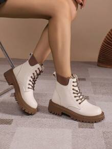 2023 新款女士時尚厚底坡跟厚底踝靴 - 米色 - 查看 1