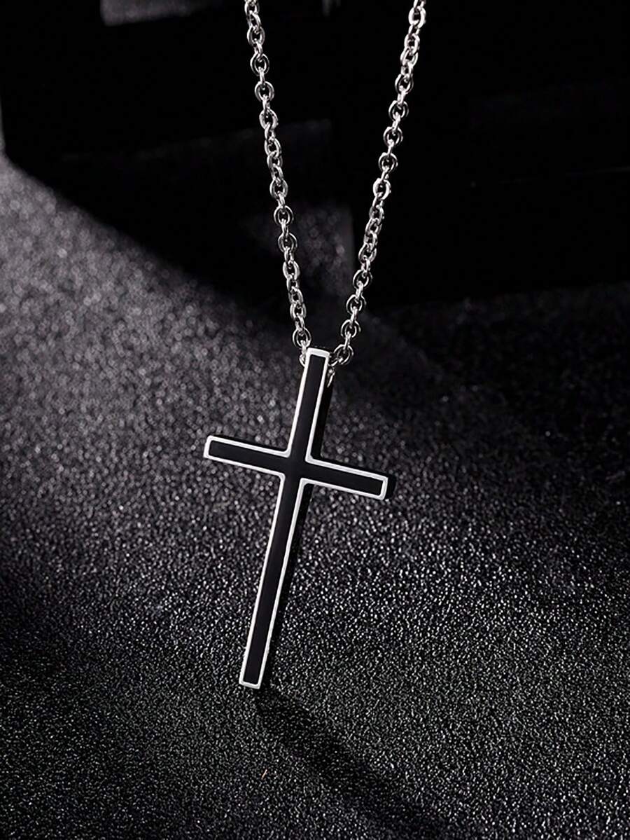 1入組男士時尚簡約風黑色十字吊墜項鍊 - 黑色 - 查看 1