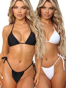 KIT Com Dois Biquíni Cortininha Com Calcinha De Amarrar Moda Praia Premium. - Multicolorido - Visão 2