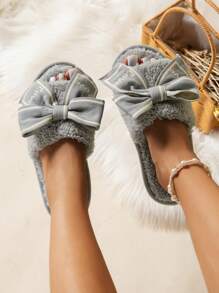 Women's Plush Home Slippers, Silent Sole, Bow Knot Decor Anti-slip Indoor Slippers - Grey - View 3