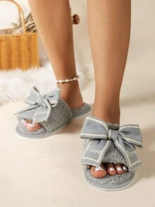 Women's Plush Home Slippers, Silent Sole, Bow Knot Decor Anti-slip Indoor Slippers - Grey - View 5