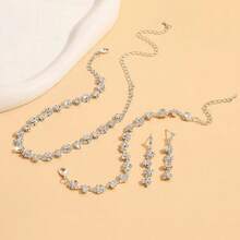 Fashion Bridal Accessories, Silver Plated Diamond-studded Necklace Earrings Bracelet 3pcs/set - Silver - View 3