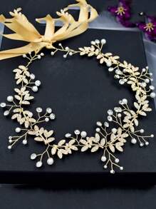 1件金色合金镶钻串珠新娘发箍，优雅波西米亚风头饰，情人节配饰，婚礼发饰 - 金色 - 查看 5